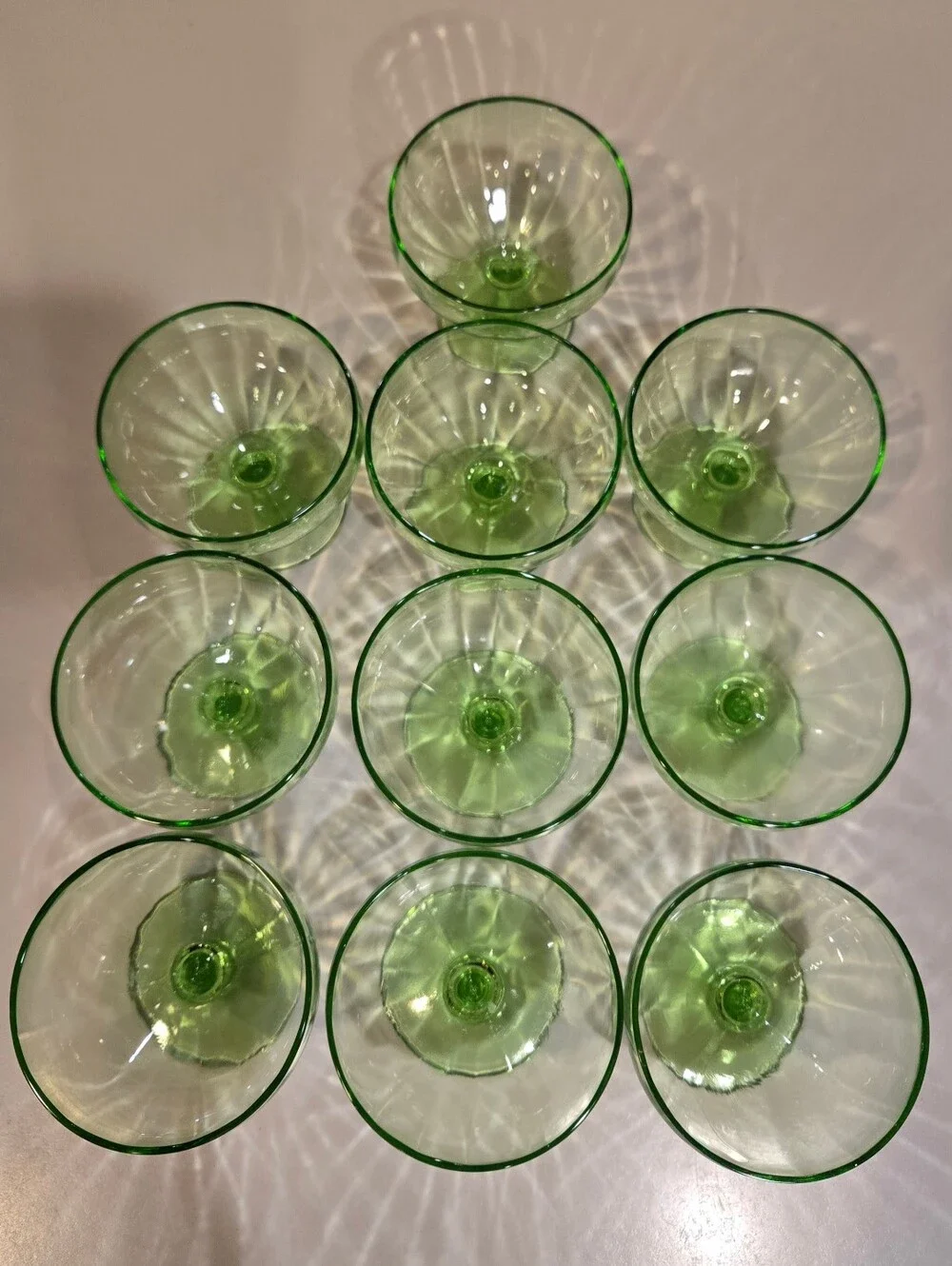 Vintage Depression Green Glass Dessert Coupes - Set of 10